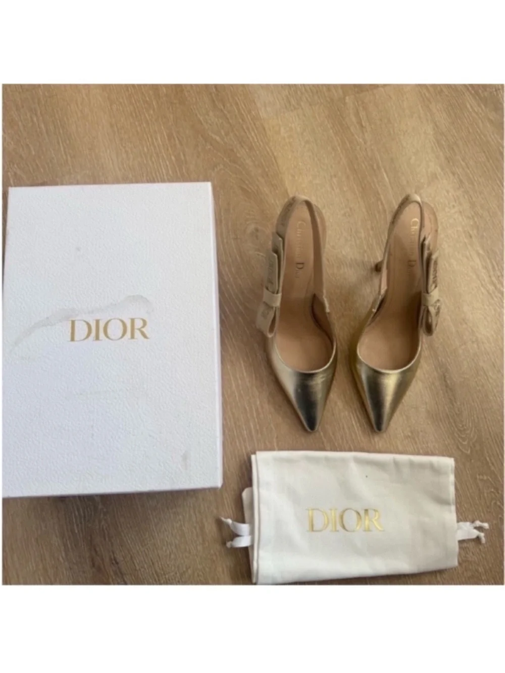 Dior J’ADIOR Metallic Gold Slingback Heels Size 39 Pointed Toe
